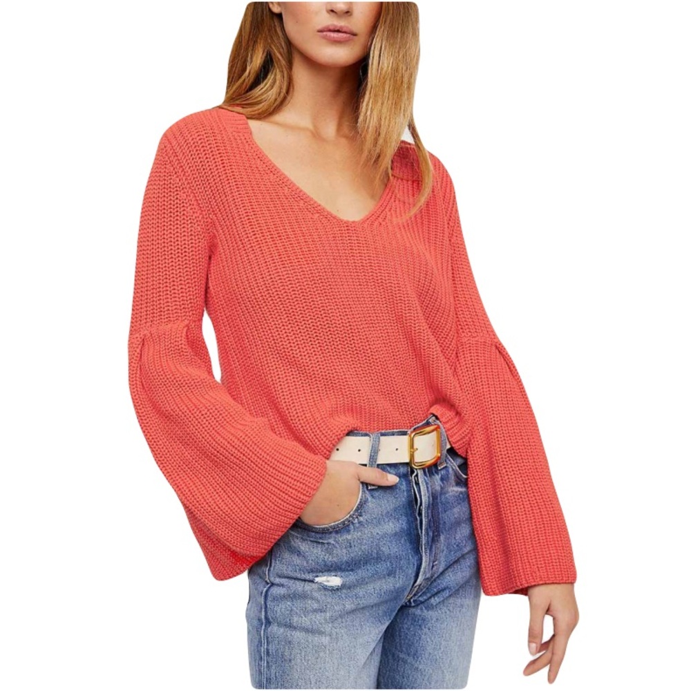 Free People Damsal Cropped Coral Orange Ribbed Bell Sleeve Sweater Small‎